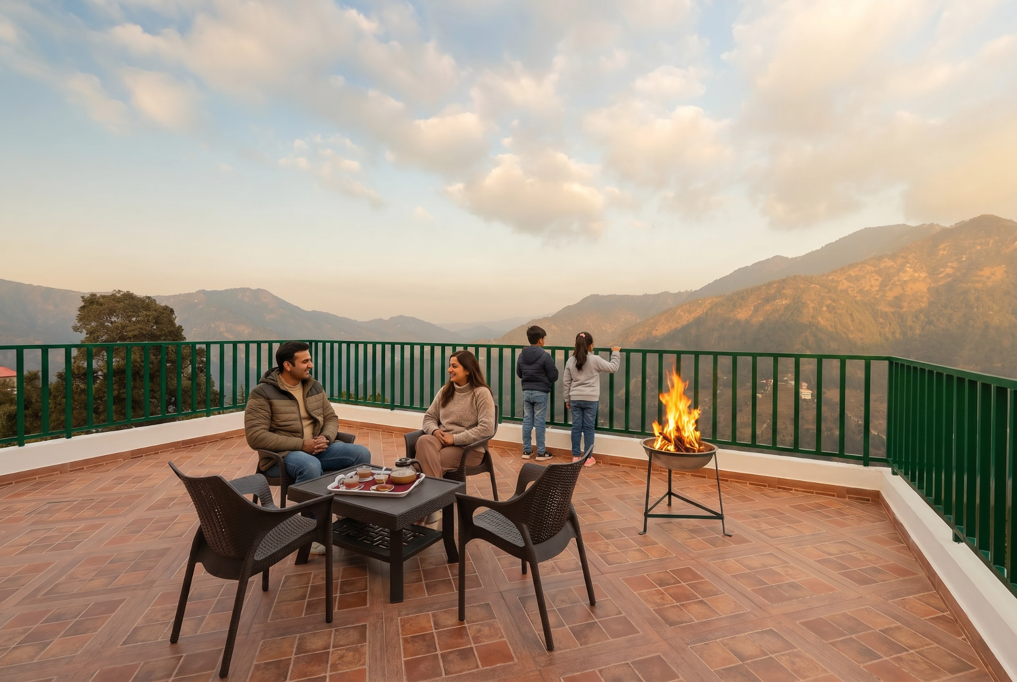 Family enjoying a mountain-view terrace stay at a luxury hill station villa in India