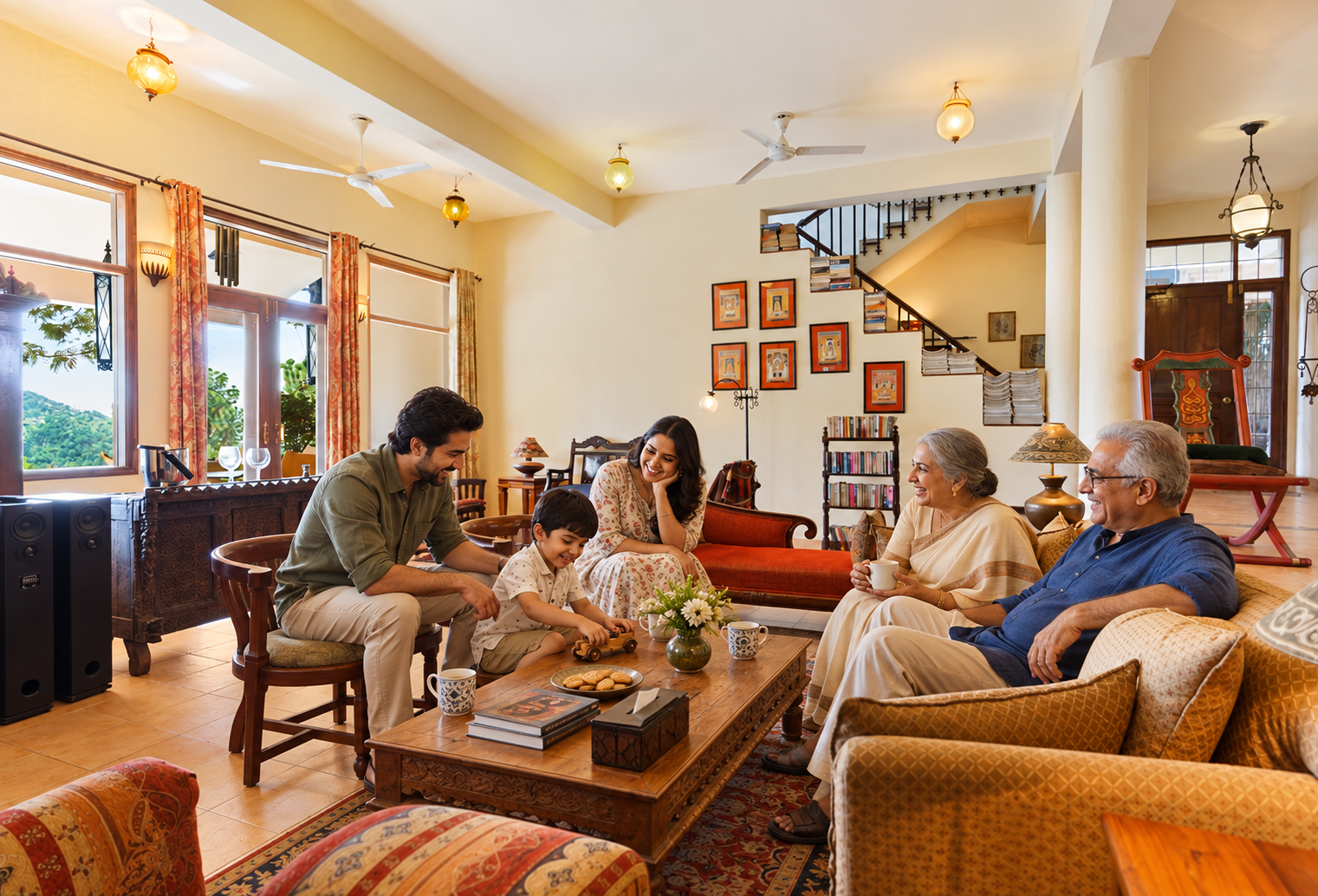 Multigenerational family holiday with grandparents, parents and children relaxing together in a comfortable V are Family private villa. 