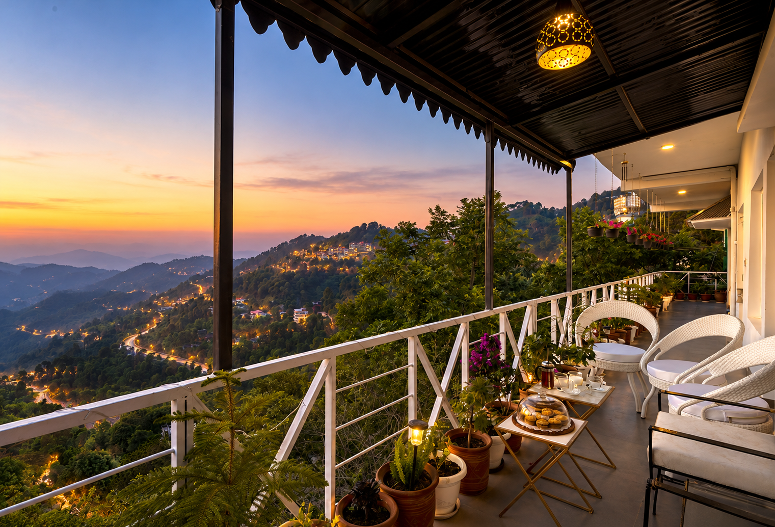 Scenic balcony overlooking lush green hills and a mountain town at sunset, with outdoor seating, plants, and a dining table.