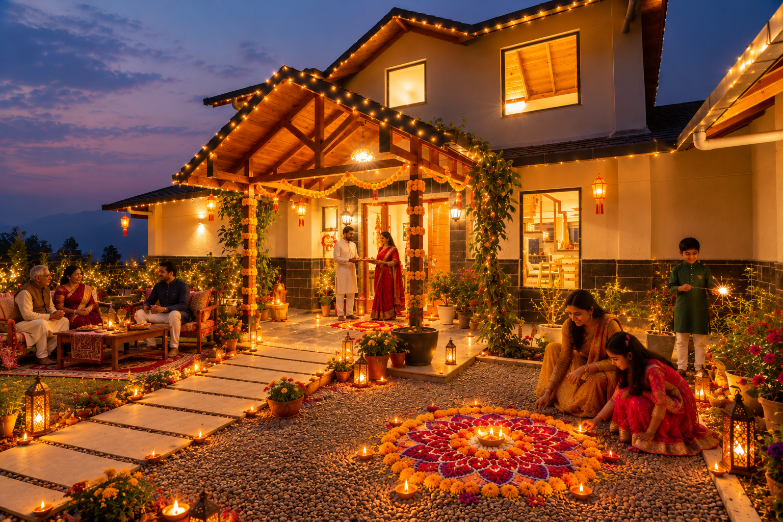 Indian family celebrating Diwali at a holiday home decorated with fairy lights, marigold garlands, glowing diyas, and a colorful rangoli.