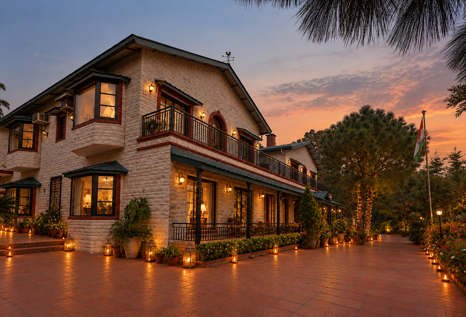 Stone holiday villa illuminated with warm festive lights and diyas at sunset, featuring a spacious courtyard, balconies, and a beautifully lit garden.