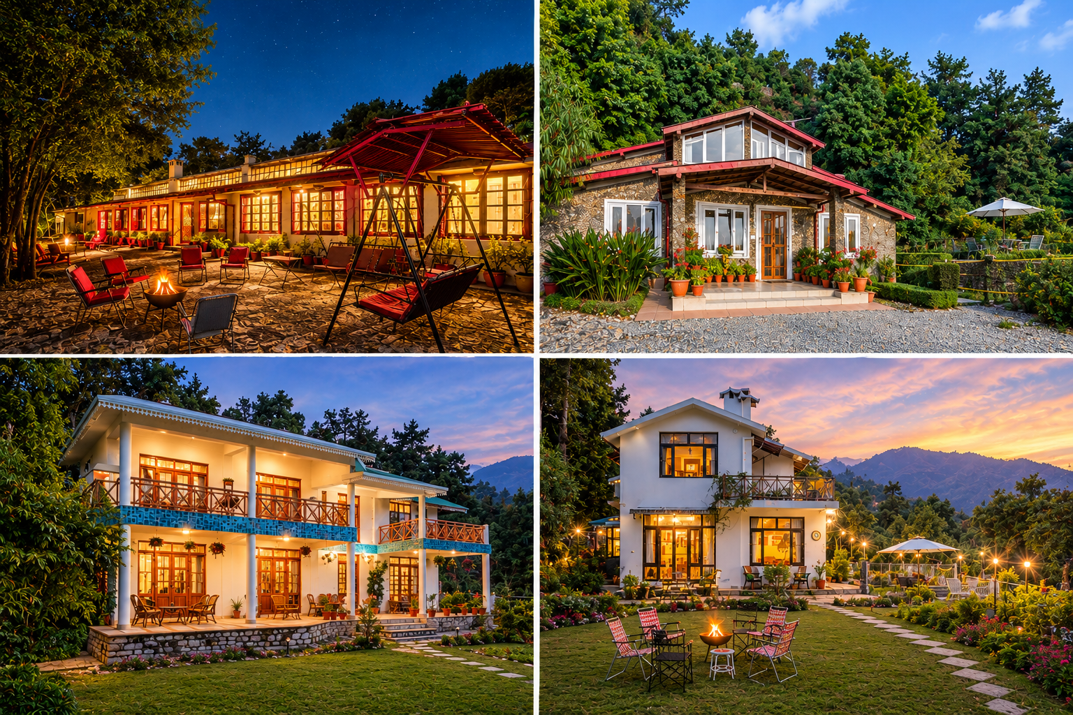 Collage of five luxury holiday villas in the Kumaon hills, featuring cozy cottages, illuminated homes, garden spaces, outdoor seating, and scenic mountain surroundings.