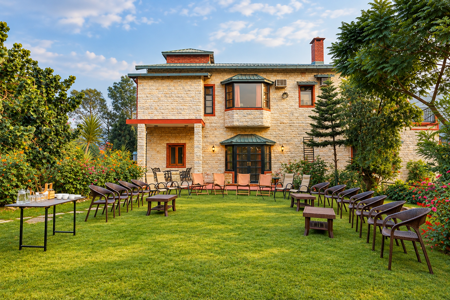 Stone guesthouse with a spacious green lawn, outdoor seating, garden flowers, and trees surrounding the property.
