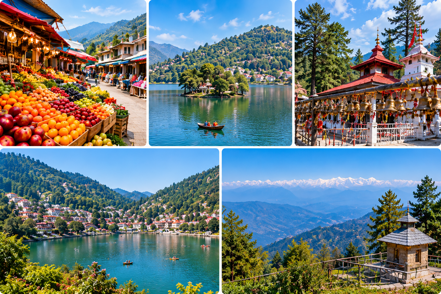 Collage of nearby Kumaon attractions, featuring a fruit market in Bhowali, Bhimtal Lake, a traditional temple in Ghorakhal, Nainital Lake surrounded by hills, and scenic mountain views near Mukteshwar and Ramgarh.