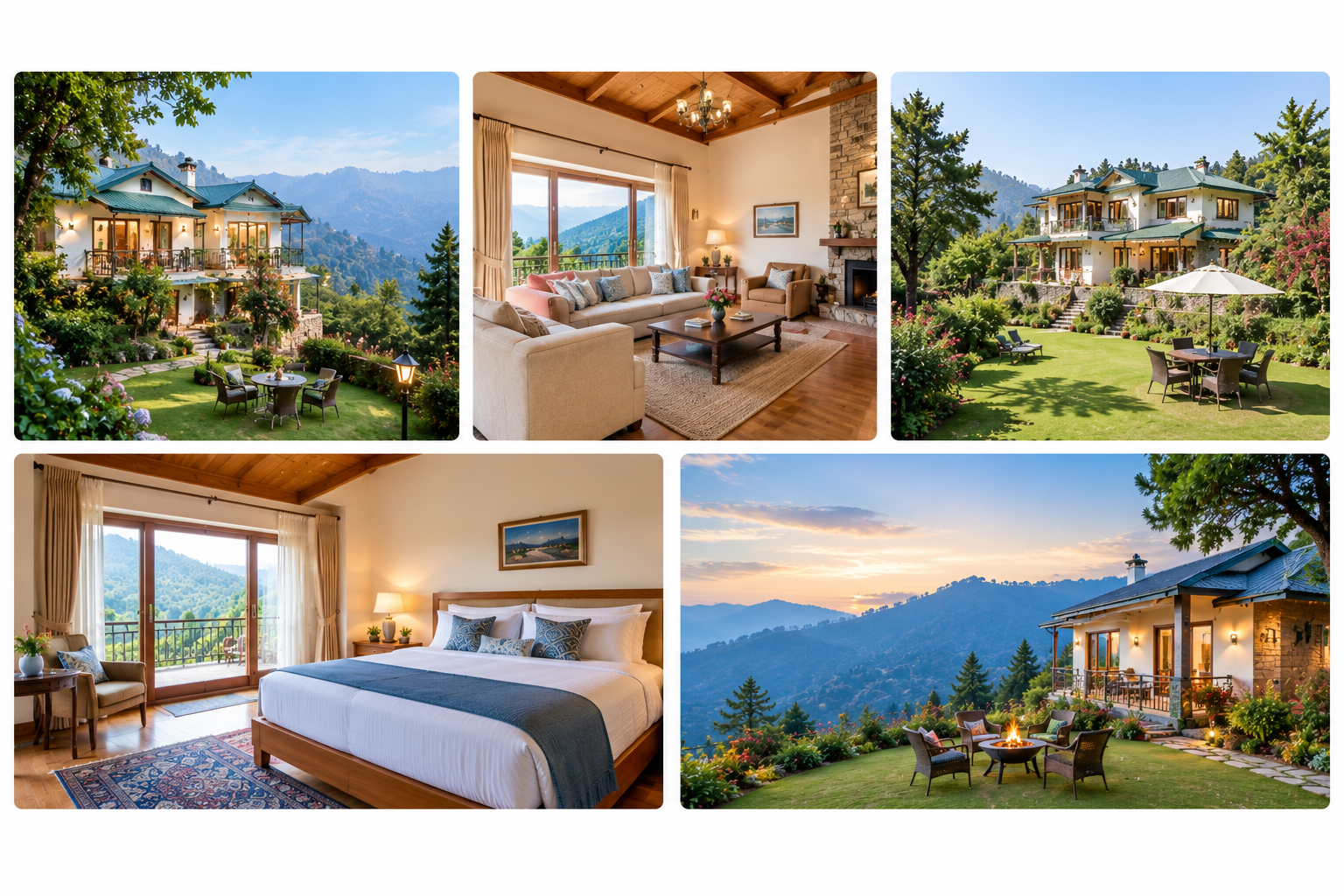 V Are Family luxury holiday homes in the Kumaon hills, featuring mountain-view villas, elegant living spaces, a comfortable bedroom, landscaped gardens, and outdoor seating overlooking the scenic mountains.