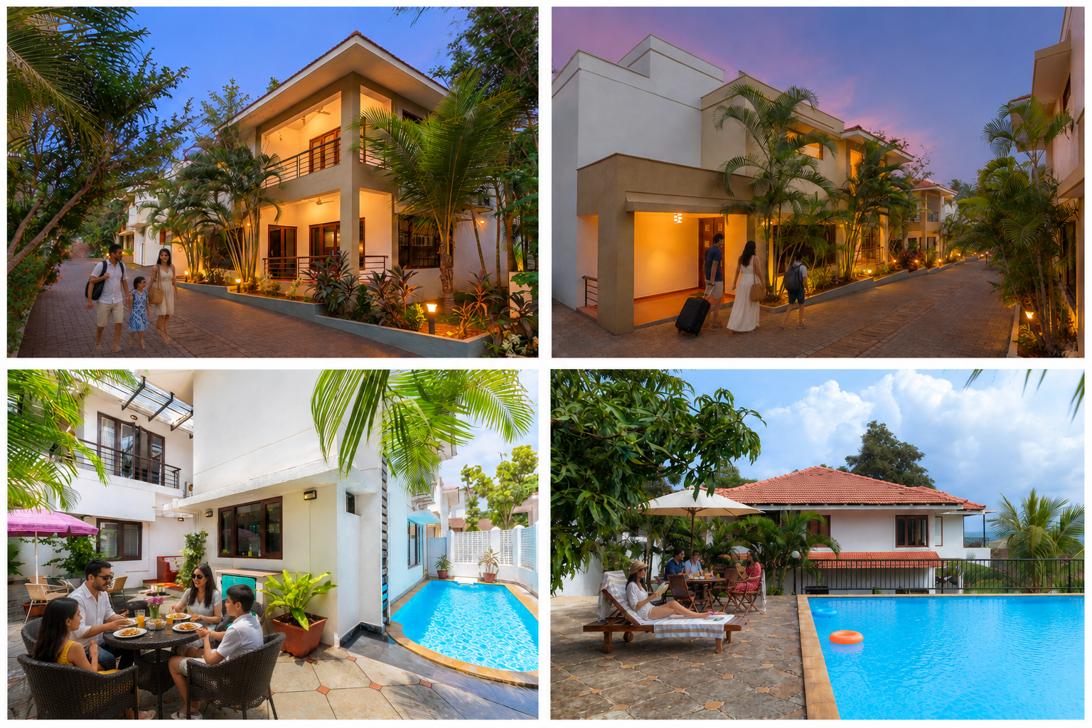 V Are Family luxury villas in Goa featuring tropical gardens, elegant villa exteriors, private swimming pools, and inviting outdoor seating areas for a relaxing family holiday. 