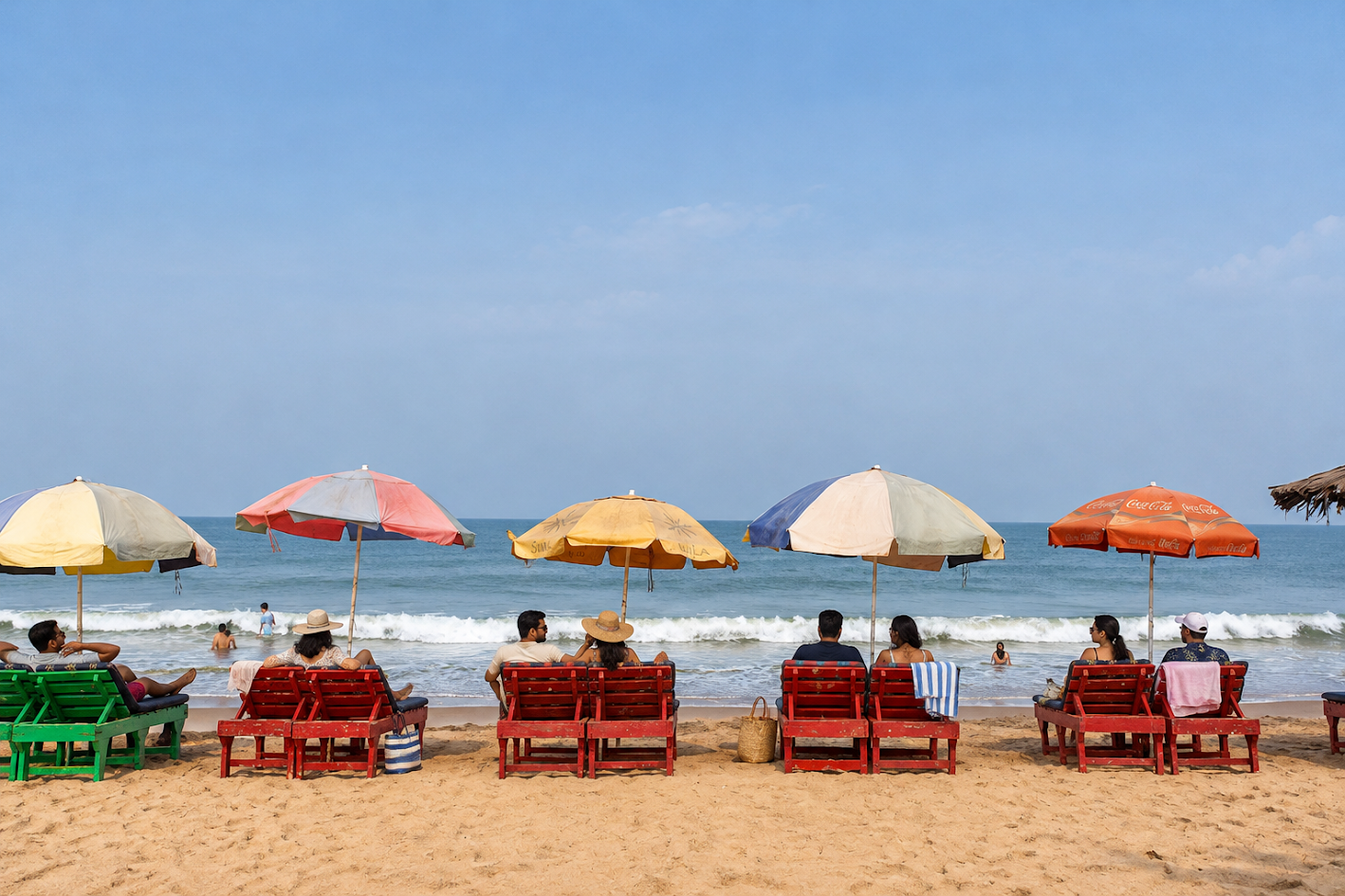 Candolim Beach in Goa with visitors relaxing on colorful beach loungers beneath umbrellas, families enjoying the shoreline, and gentle waves creating a peaceful seaside holiday atmosphere. 